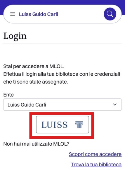 MLOL Login mobile Luiss