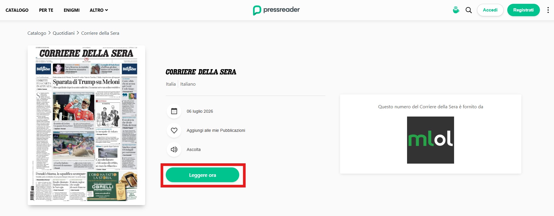 MLOL sfoglia edicola Pressreader